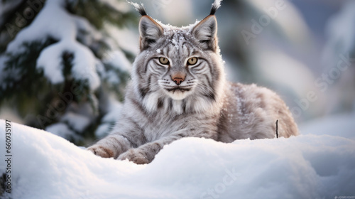 Lynx in winter. Young Eurasian lynx, Lynx lynx, walks in snowy beech forest. Beautiful wild cat in nature. Cute animal with spotted orange fur. Beast of prey in frosty day. Predator in habitat.