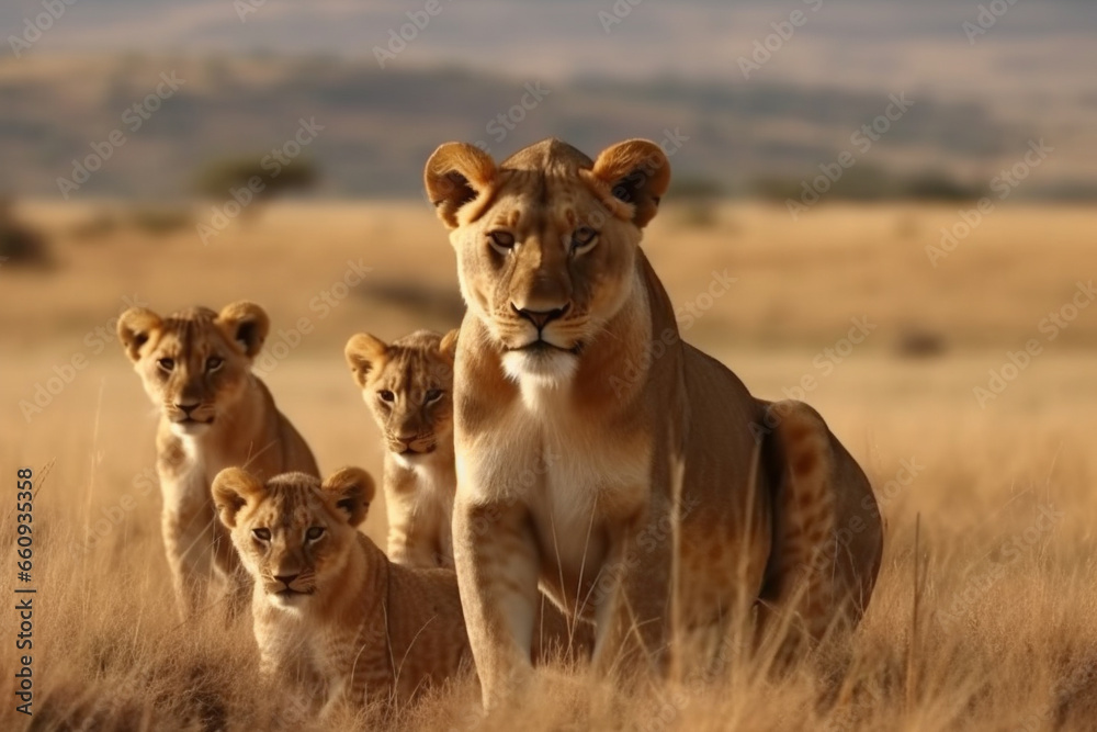 Witness the beauty of motherhood as a lioness gracefully navigates the vast savannah landscape with her adorable little cubs. Ai generated Witness the beauty of motherhood as a lioness gracefully navigates the vast savannah landscape with her adorable little cubs. Ai generated