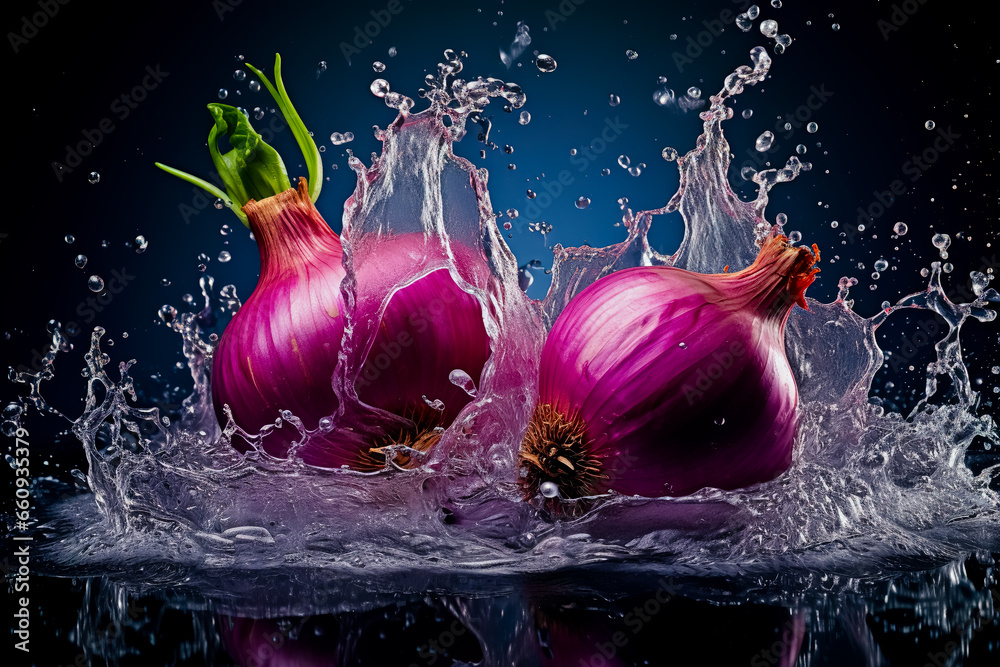 Water splash with red onion on black background. - obrazy, fototapety, plakaty 