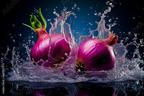 Water splash with red onion on black background.