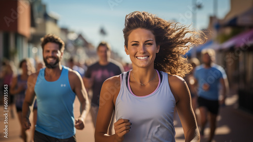 Two runners enthusiastically jogging on a sunny day, a woman and a man running a marathon.Generative AI