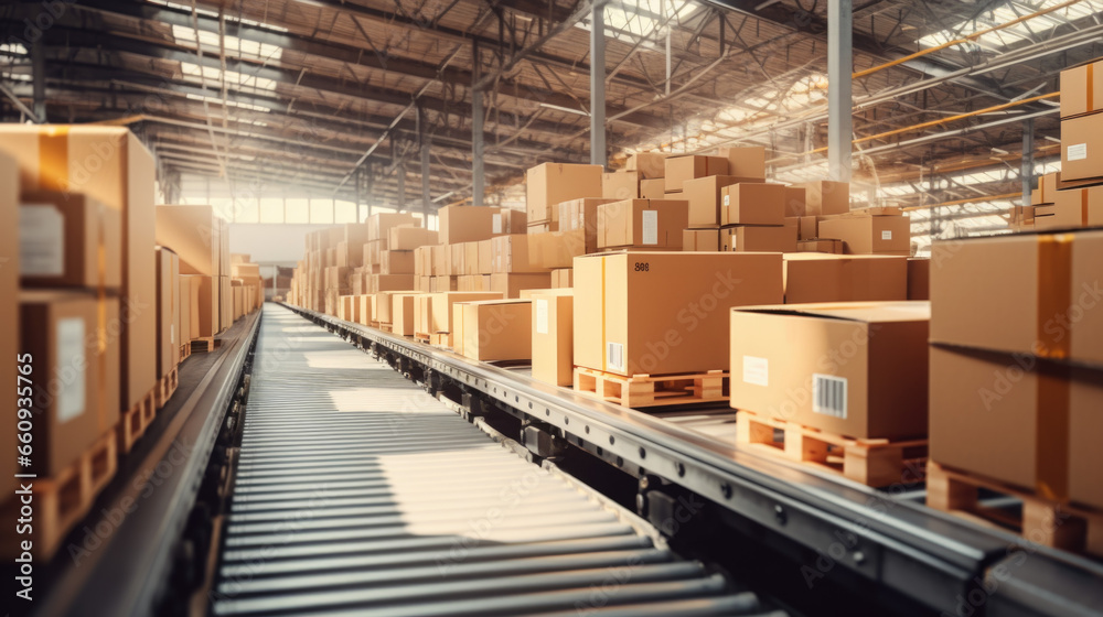 Cardboard boxes on conveyor rollers ready to be shipped by courier for distribution. Cardboard boxes on conveyor rollers ready to be shipped by courier for distribution.