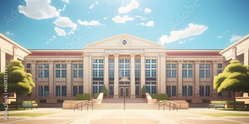 School double story Building with blue glass a school building and trees near by building and wooden banches with beautiful pathway and sky background Ai Generative
 photo