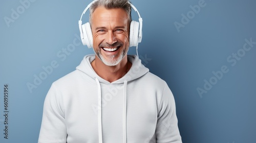 Cheerful caucasian mature man listening to the music in headphones isolated over blue background. photo