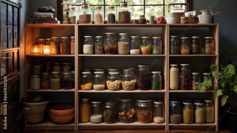 organized food pantry closet in a charming, cottage-style home displays a neatly arranged and inviting storage area for a variety of food items and supplies.