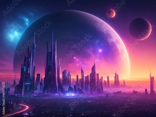 Futuristic city in night lights with galaxy planets in sky, fantasy realistic background. Sunset in futuristic megapolis with space moon on the horizon © usman