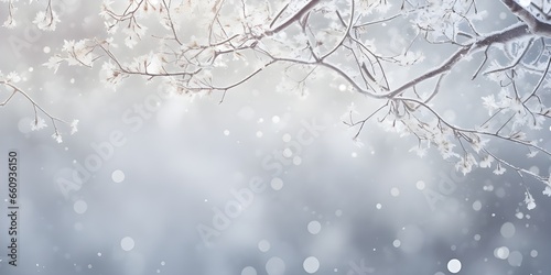 Frost-covered tree branch on a blurred background during snowfall Winter background snowfall trees abstract blurred white Snowfall Serenity Frosty Tree Branch with blured background Ai Generative     © Hafiz
