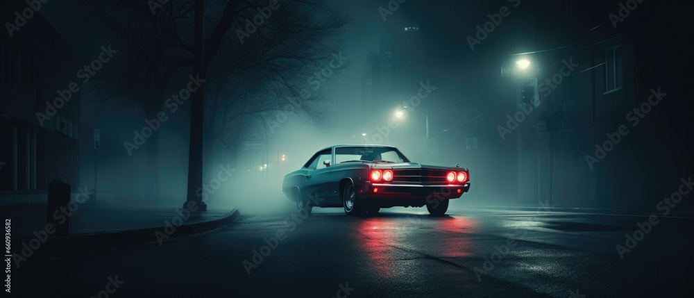 Retro car on night street. Neon color. Retro car on night street. Neon color.