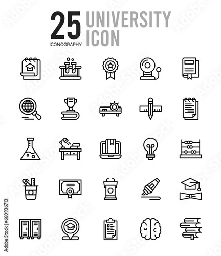 25 University Outline icons Pack vector illustration.