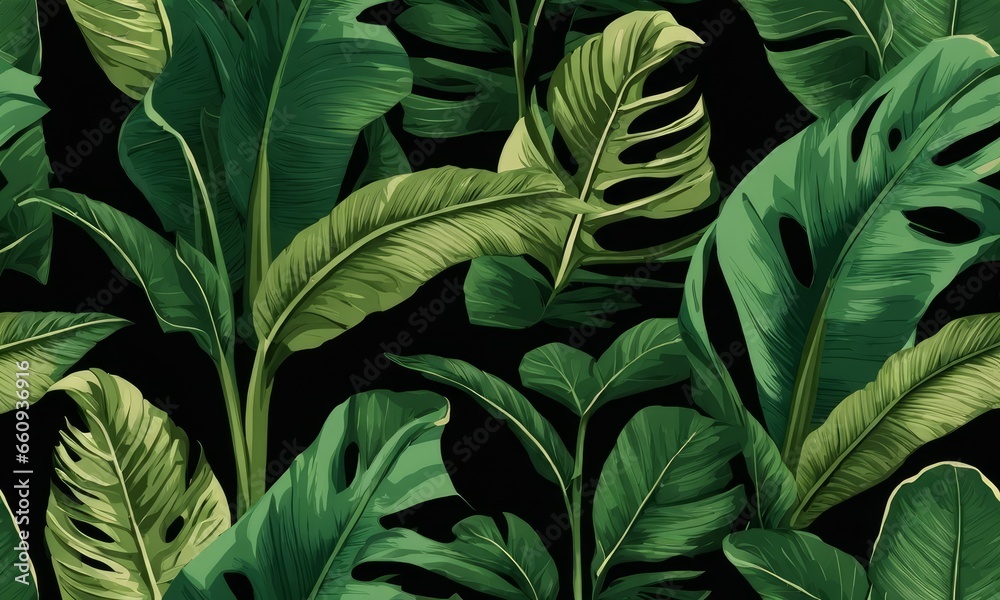 Tropical exotic seamless pattern with green vintage banana leaves, palm and colocasia. Hand-drawn 3D illustration. Good for production wallpapers, cloth, fabric printing, Generative AI - obrazy, fototapety, plakaty 