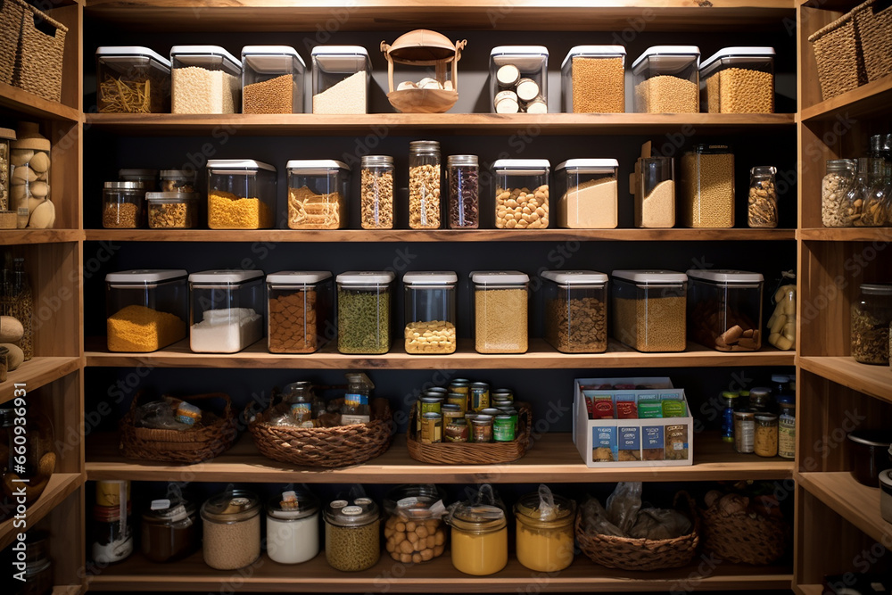 Pantry in different types of spices, cozy cottage-style home