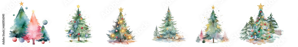 Watercolor Christmas tree set. Hand-drawn illustration. Vector. Generative AI.