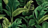 Tropical exotic seamless pattern with green vintage banana leaves, palm and colocasia. Hand-drawn 3D illustration. Good for production wallpapers, cloth, fabric printing, Generative AI
