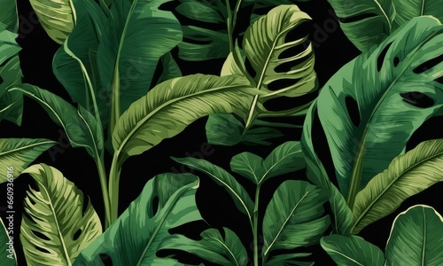 Tropical exotic seamless pattern with green vintage banana leaves, palm and colocasia. Hand-drawn 3D illustration. Good for production wallpapers, cloth, fabric printing, Generative AI