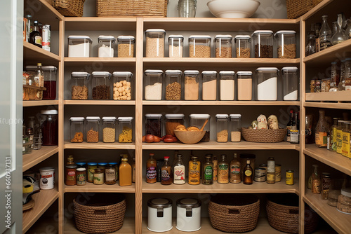 Pantry in different types of spices, cozy cottage-style home