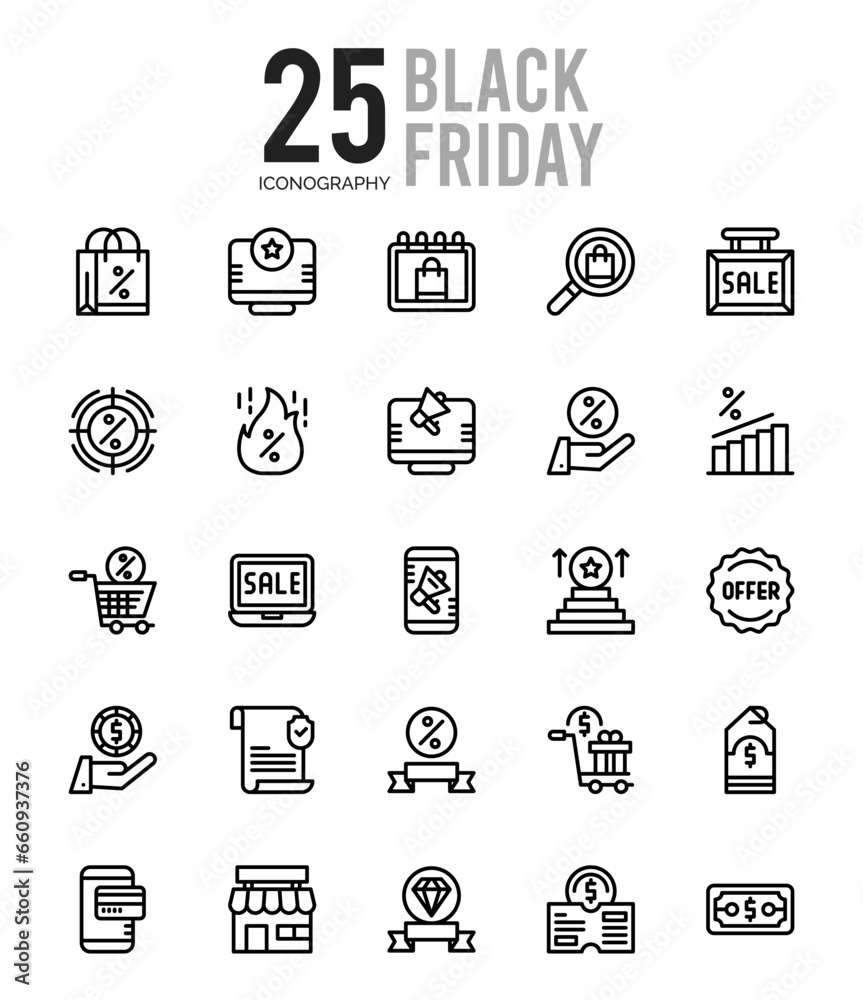 25 Black Friday Outline icons Pack vector illustration.