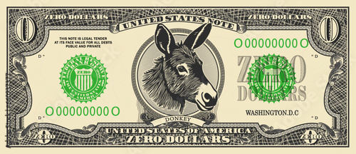 Obverse of a fictitious paper banknote with a denomination of zero dollars. Vintage US money with security elements and guilloche mesh. Cash with nothing value. Donkey