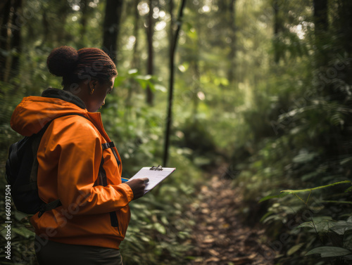 African female forestry technician writing notes in the forest to study renewable energy technology