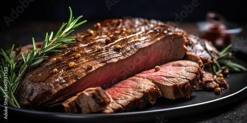 Closeup view of roasted beef brisket flat steak on a plate : Generative AI photo