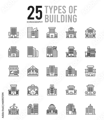 25 Types of Building Outline icons Pack vector illustration.