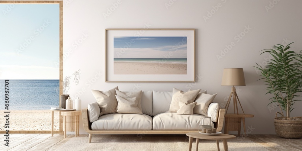 Obraz na płótnie Coastal style living room interior with frame mockup : Generative AI w salonie