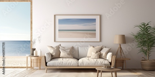 Coastal style living room interior with frame mockup : Generative AI photo