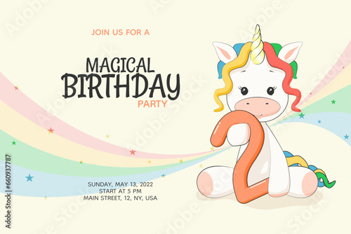 2 years old Magical kids birthday party invitation with cute rainbow unicorn