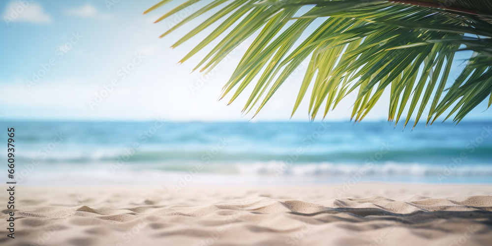 Sand beach background mockup template. Palm leaf shadow sea tropical background. Vacation on summer holiday beach sand and ocean waves of exotic paradise. SPF protection background.