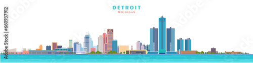 Detroit city skyline michigan horizontal colorful vector illustration on white background USA