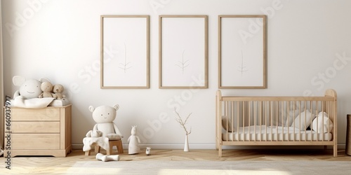 Mock up frame in children room with natural wooden furniture, Farmhouse style interior background : Generative AI