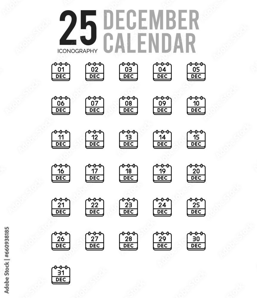 25 December Calendar Outline icons Pack vector illustration.