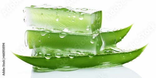 Stack of Aloe vera sliced with gel dripping isolated on white background. : Generative AI