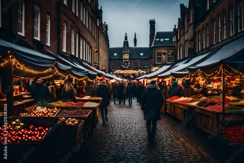 A card with a Christmas market and stalls.