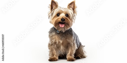 Scruffy adult blue gold Yorkshire terrier dog, sitting up facing front Looking towards camera and smiling. Isolated on a white background. : Generative AI