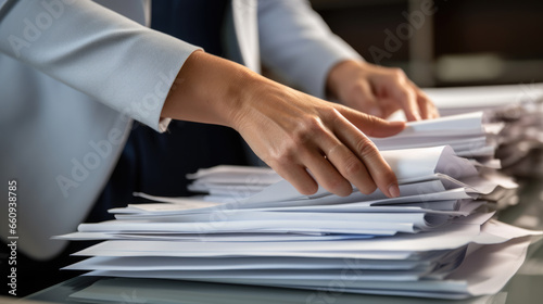 Businessman hands working in Stacks of paper files for searching information on work desk in office  business report papers.