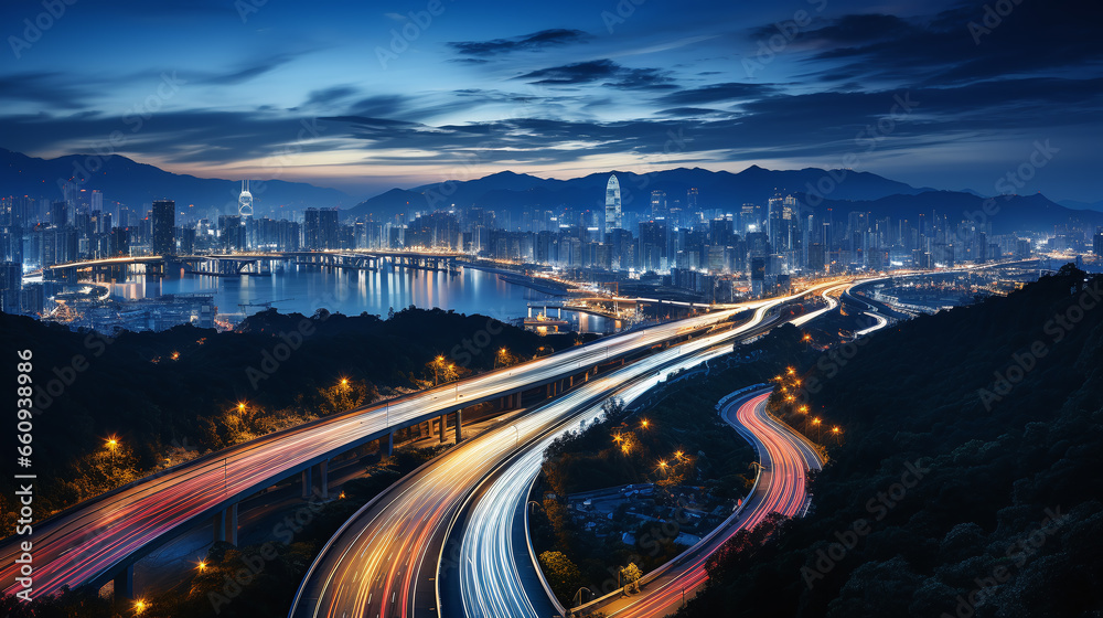 City road, long exposure night highway light of megapolis cityscape or skyline background. Aerial view of megacity with highway road lights, time-exposure photography