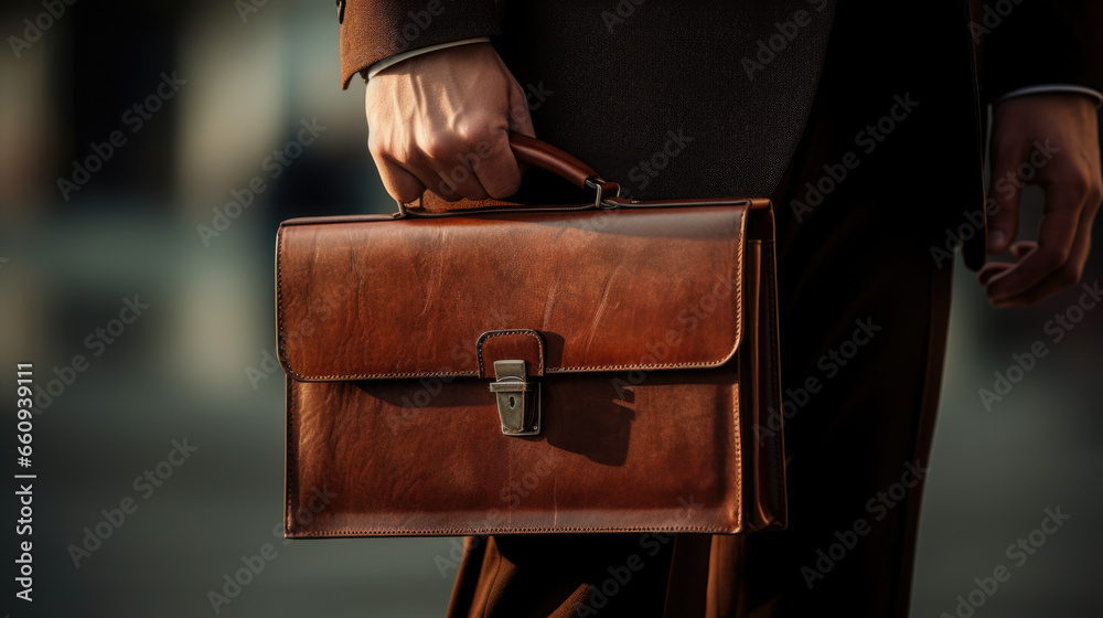 Poster Print Closeup Of A Businessman Holding leather Briefcase Going To Work. 40x22.2 cm