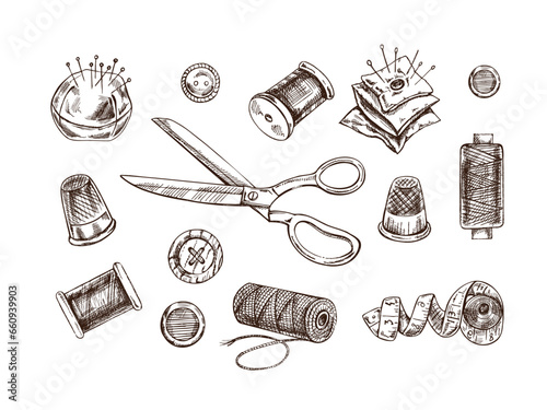 Vintage set of hand drawn sewing icons. Vector illustrations in sketch style. Handmade, sewing equipment concept in vintage doodle style. Engraving style.