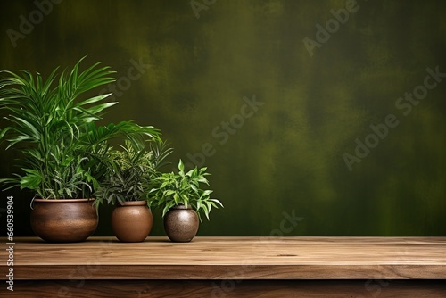 Potted Plants on Brown Wooden Table with Green Wall Background