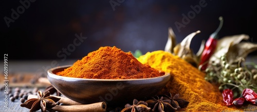 Selective focus captures ingredients in Indian spice powder curry masala With copyspace for text