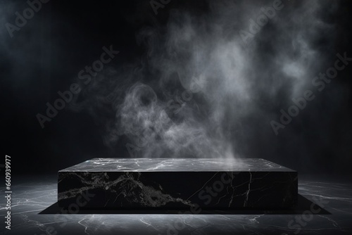 Dark Room: Empty Black Marble Table Podium with Stone Floor and Smoke