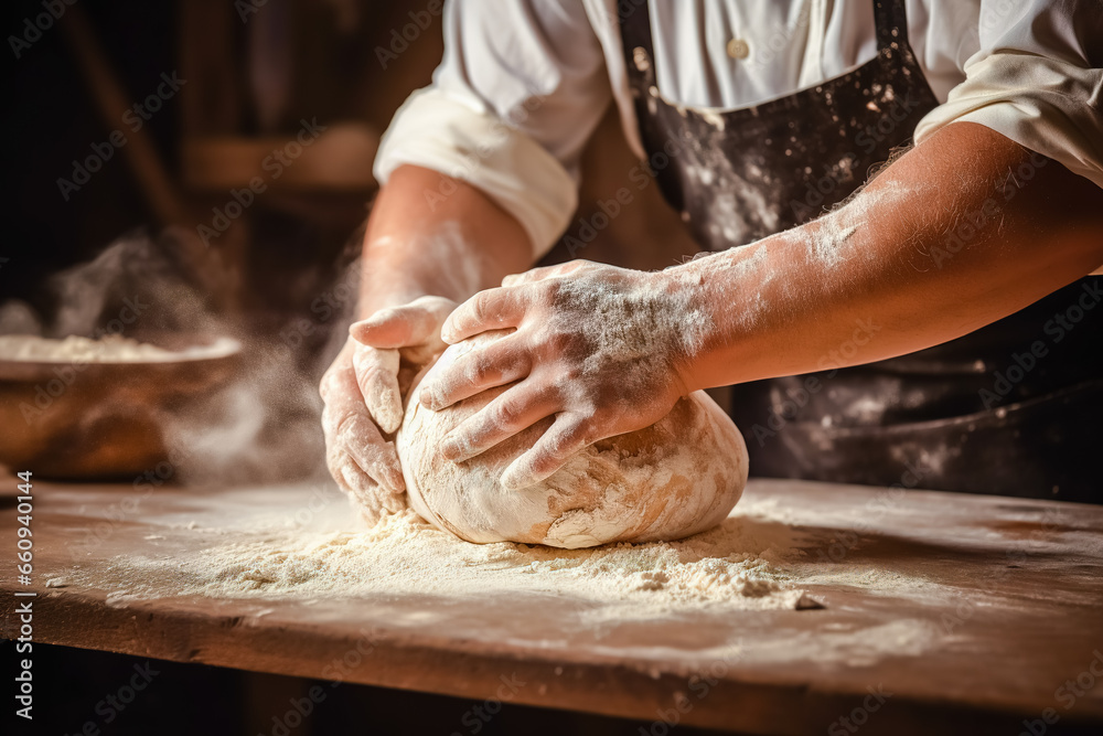 Males hands kneading dough on wooden table. Close up.