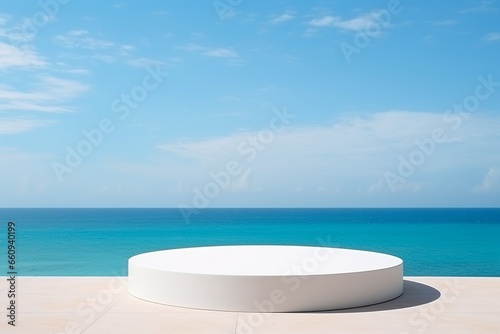 Beachside Serenity  Empty White Round Podium with Sea and Blue Sky Background