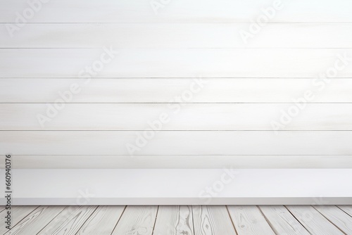 Empty White Wooden Table Against White Wall Background for High-Quality Product Display Mockup © Cyprien Fonseca