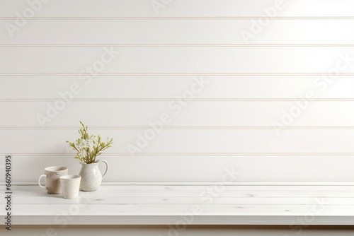 Empty White Wooden Table Against White Wall Background for High-Quality Product Display Mockup