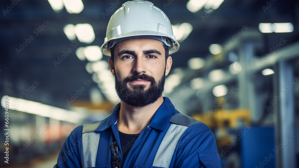 Portrait of a confident factory worker wearing hard hat and work clothes standing besides the production line.
Portrait of a confident factory worker wearing hard hat and work clothes standing besides the production line.
