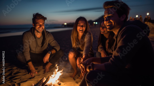 Group of friends relaxing around a campfire on the beach at night