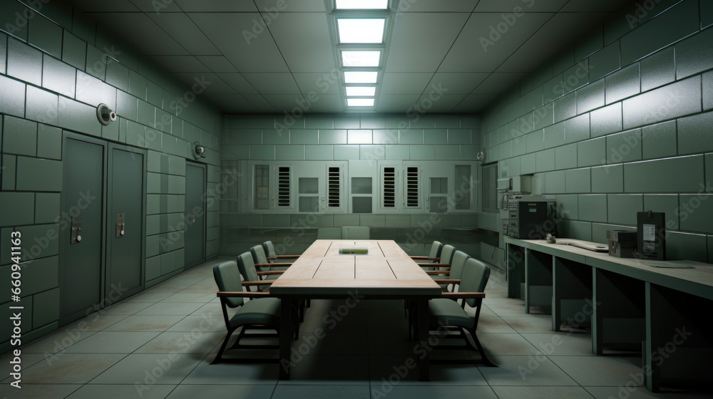 An empty Table and chair with in interrogation room, Investigation room concept An empty Table and chair with in interrogation room, Investigation room concept