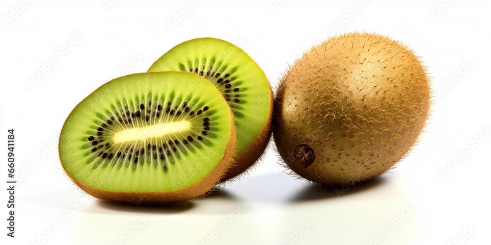 Fototapeta premium Ripe whole kiwi fruit and half kiwi fruit isolated on white background : Generative AI