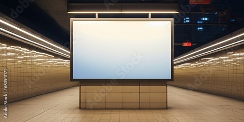 Indoor outdoor city light mall shop template. Blank billboard mock up in a subway station, underground interior. Urban light box inside advertisement metro airport vertical. : Generative AI